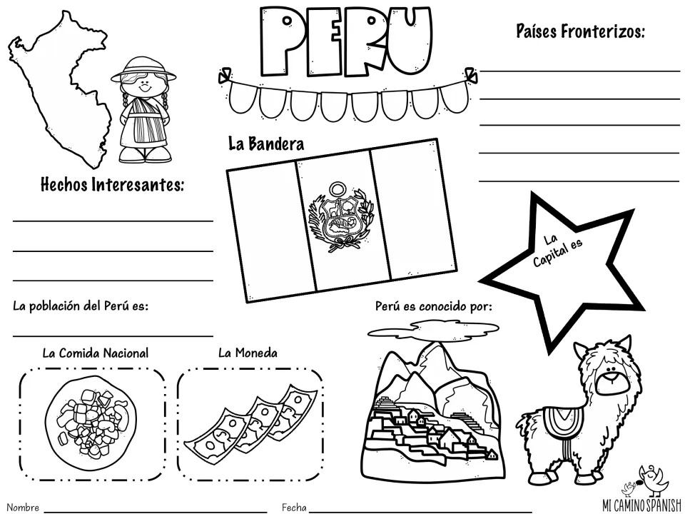Peru fact sheet in Spanish: students fill in Países Fronterizos, capital, población, moneda and color la bandera