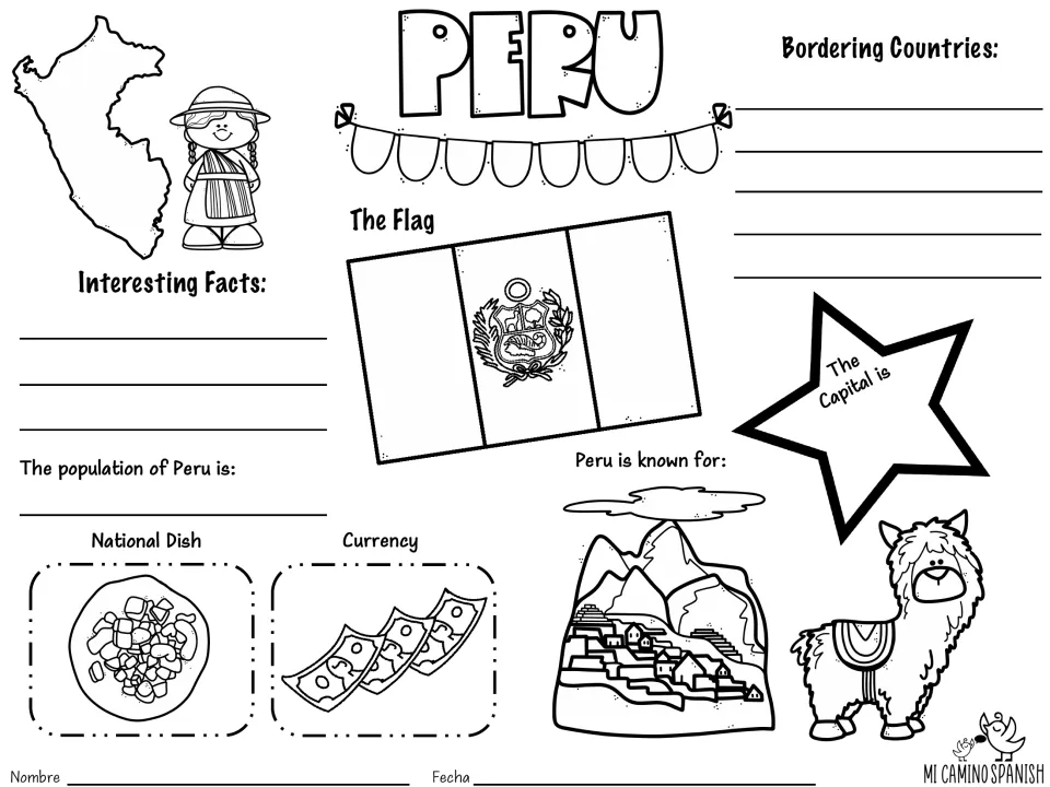 Peru fact sheet in English: students fill in bordering countries, capital, population, currency and color the flag