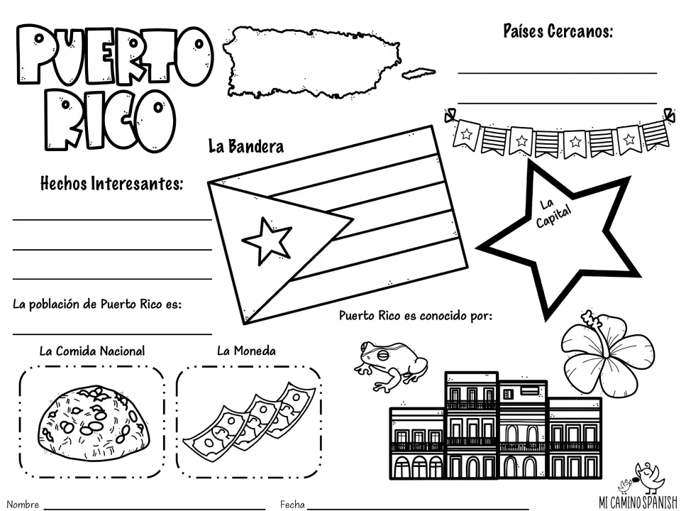 Spanish Puerto Rico fact sheet: students fill in La Bandera, La Capital, Países Cercanos, población, comida and moneda