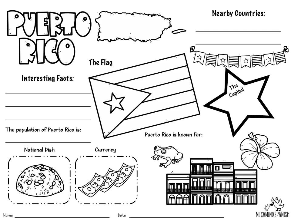 English Puerto Rico fact sheet: students record the flag, capital, nearby countries, population, national dish and currency