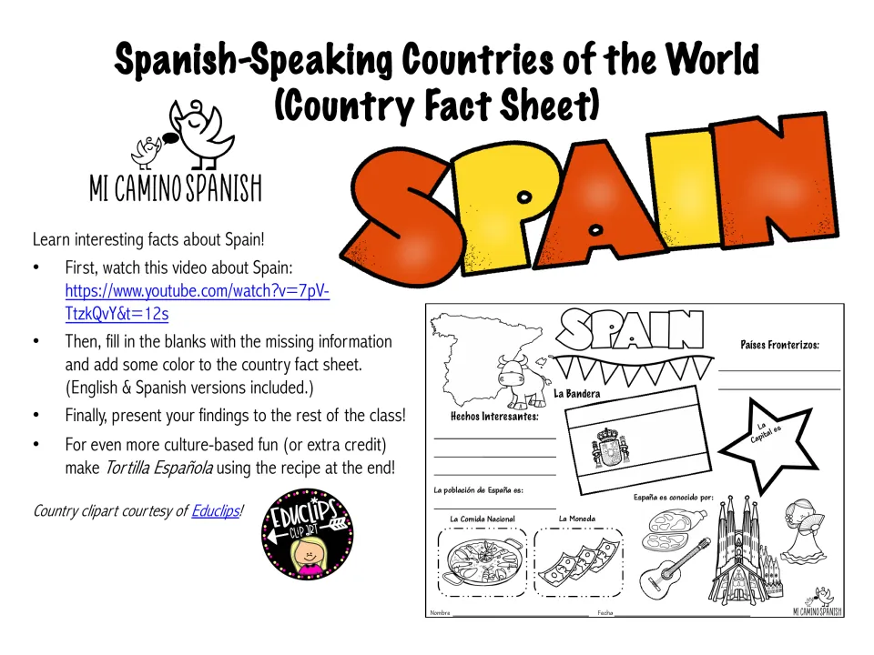 Spanish-Speaking Countries of the World cover for Spain: video link, fill-in steps, presenting and a recipe extra