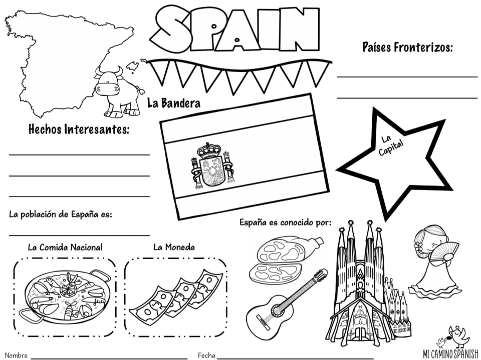 Spain fact sheet in Spanish: students fill in Países Fronterizos, La Capital, población, La Moneda and color images