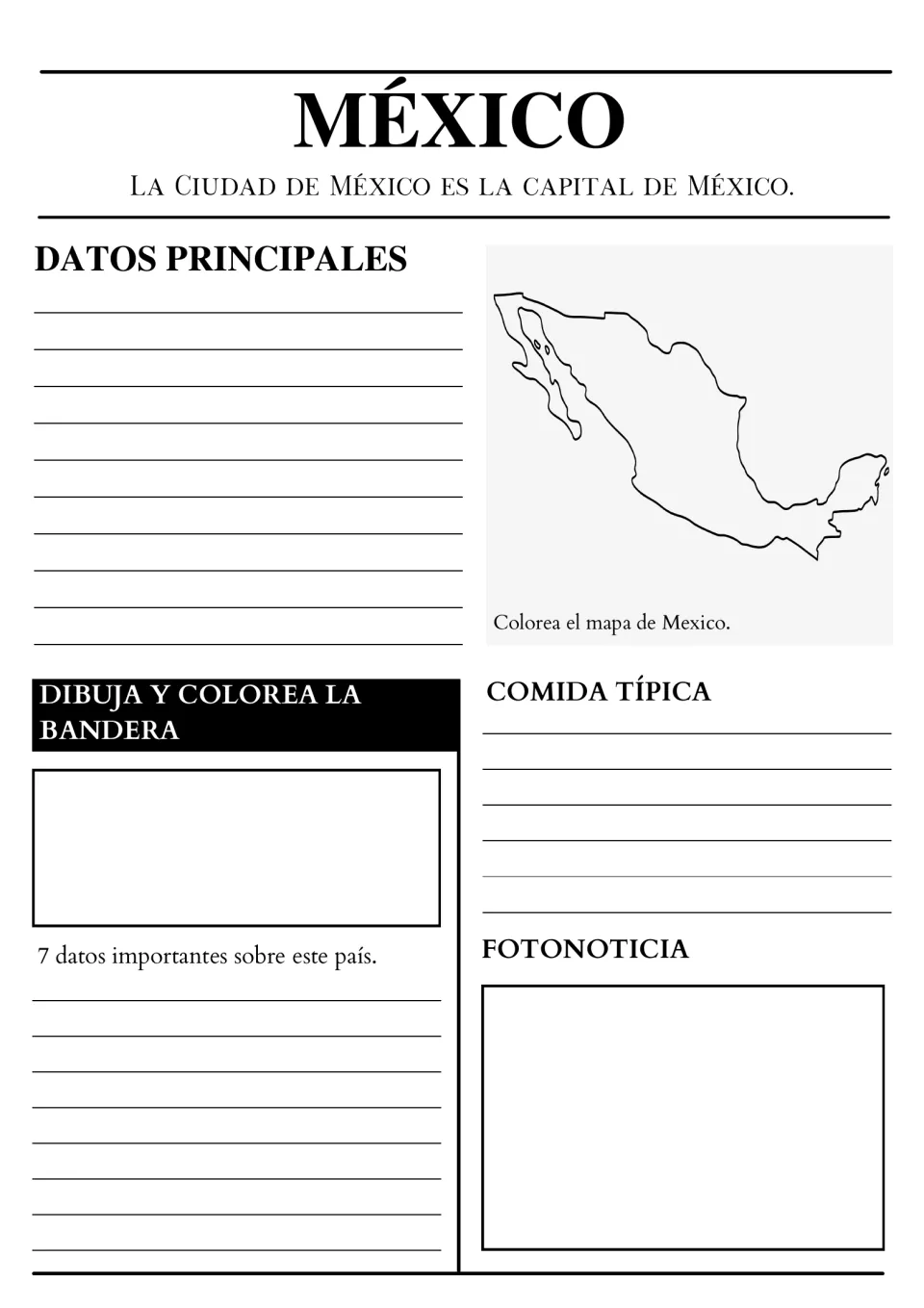 México country report: students color the map, draw the flag, list main facts and typical food, and add a photo news item