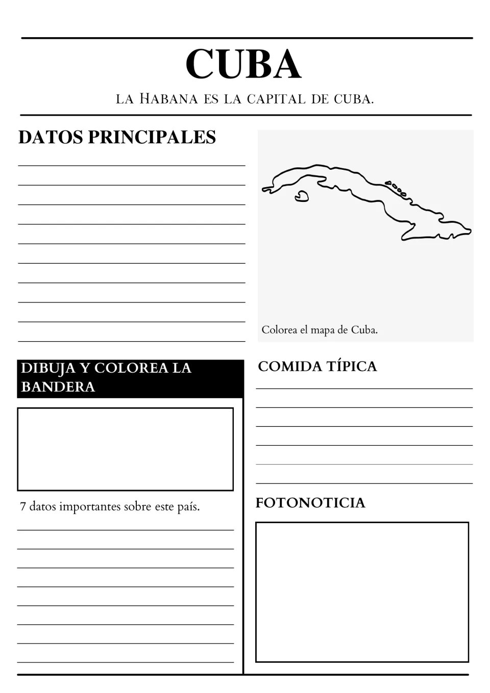 Cuba fact page naming La Habana as capital; students color the island map, draw the flag and write 7 facts about Cuba