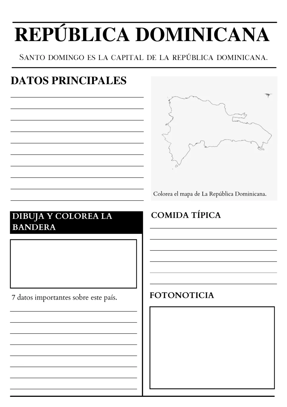 República Dominicana report naming Santo Domingo as capital: color the map, draw the flag, note typical food and facts