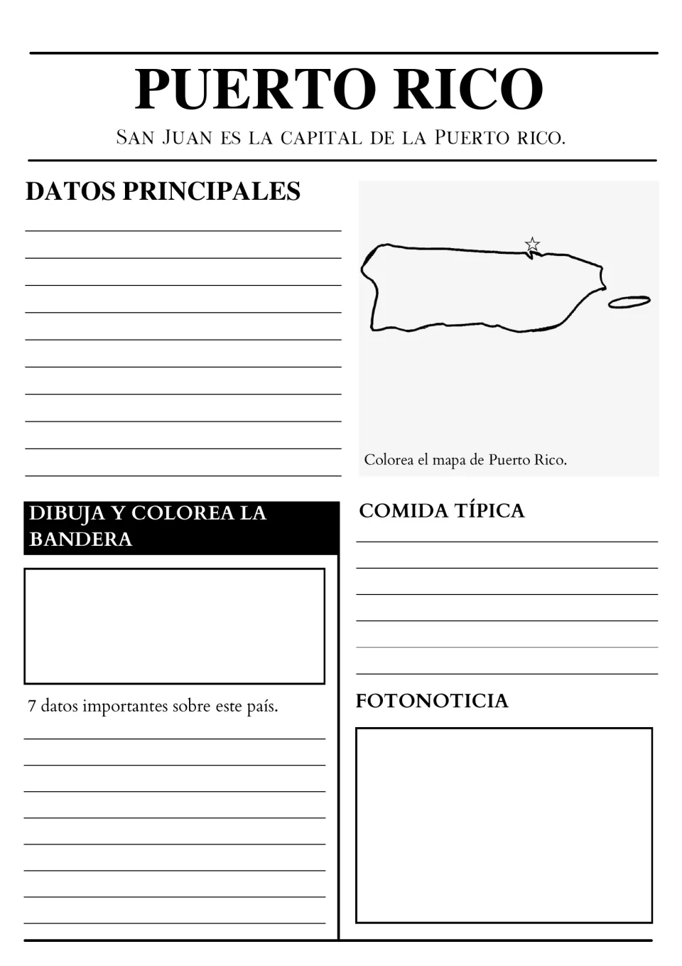 Puerto Rico research page with San Juan as capital: color the map, draw and color the flag, and list 7 important facts