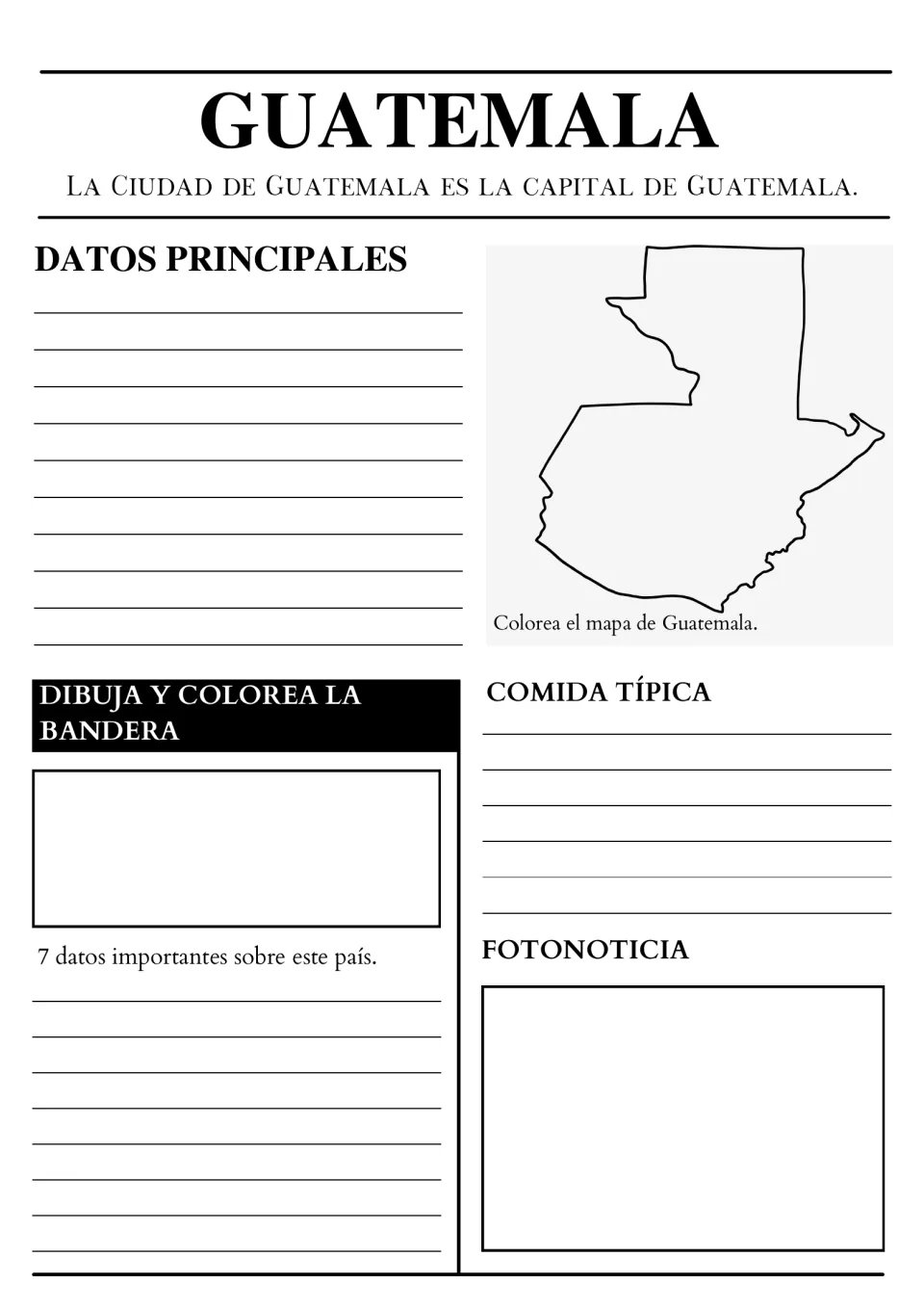 Guatemala country page with Guatemala City as capital: students record main facts, color the map, draw the flag, list foods