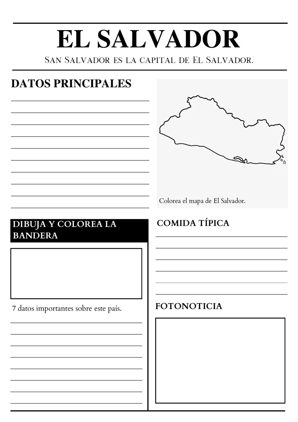El Salvador report naming San Salvador as capital; students fill in datos principales, color the map and draw the flag