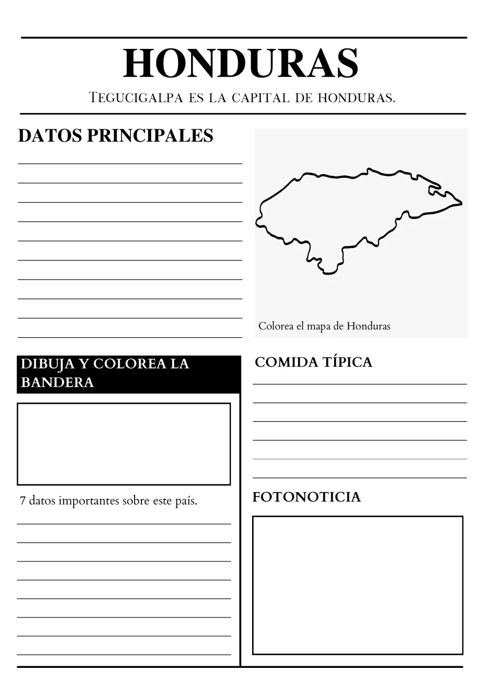 Honduras country page with Tegucigalpa as capital: color the map, draw the flag, list typical foods and add a fotonoticia