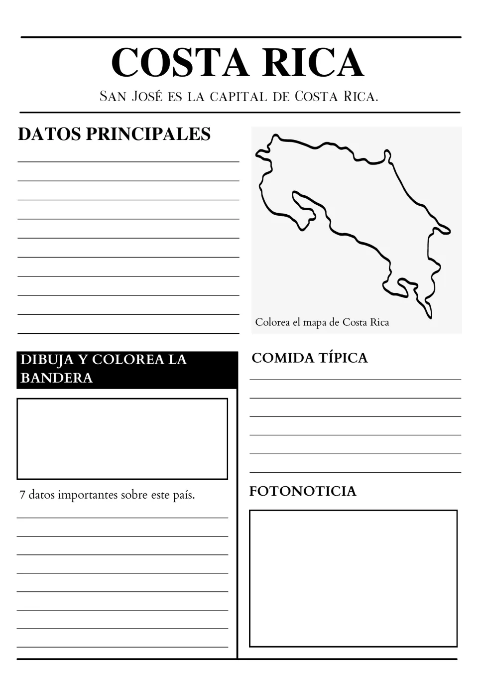 Costa Rica page with San José as capital: students color the map, write 7 facts about the country and note typical food