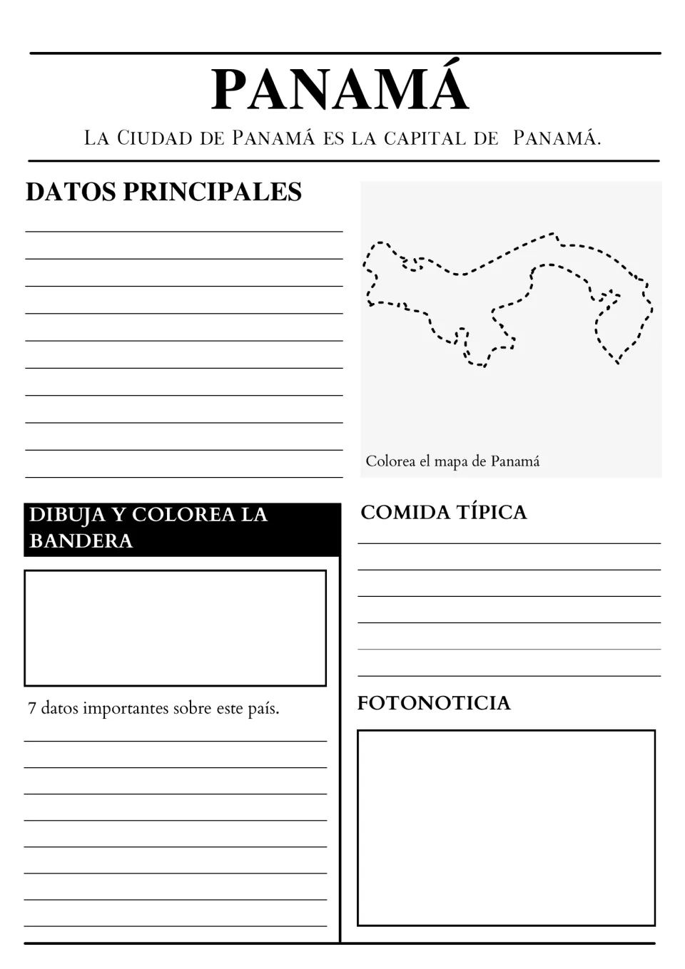 Panamá report with La Ciudad de Panamá as capital: students color the dotted-outline map, draw the flag and list facts