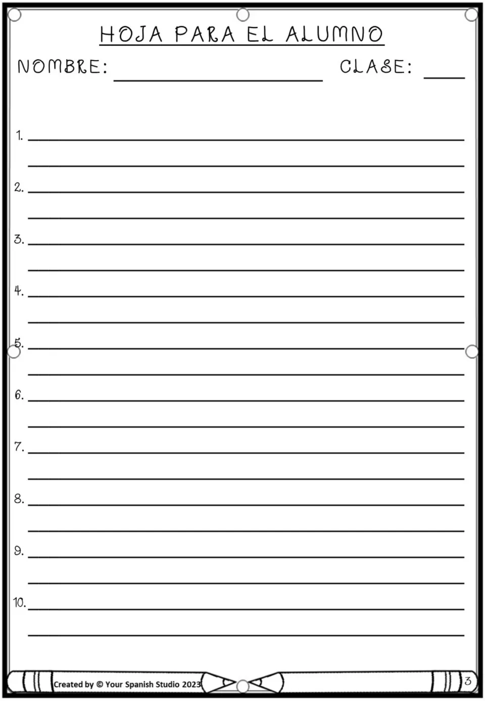 Dictation response sheet headed 'Hoja para el alumno' (student sheet), with 10 numbered spaces and name and class