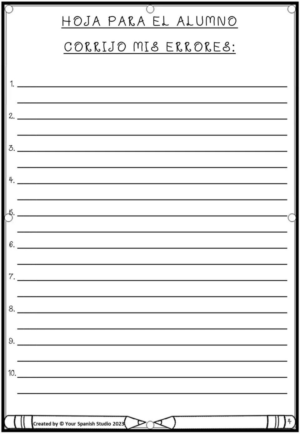 Spanish dictation correction sheet with 10 entries and 'Corrijo mis errores' (I correct my mistakes).