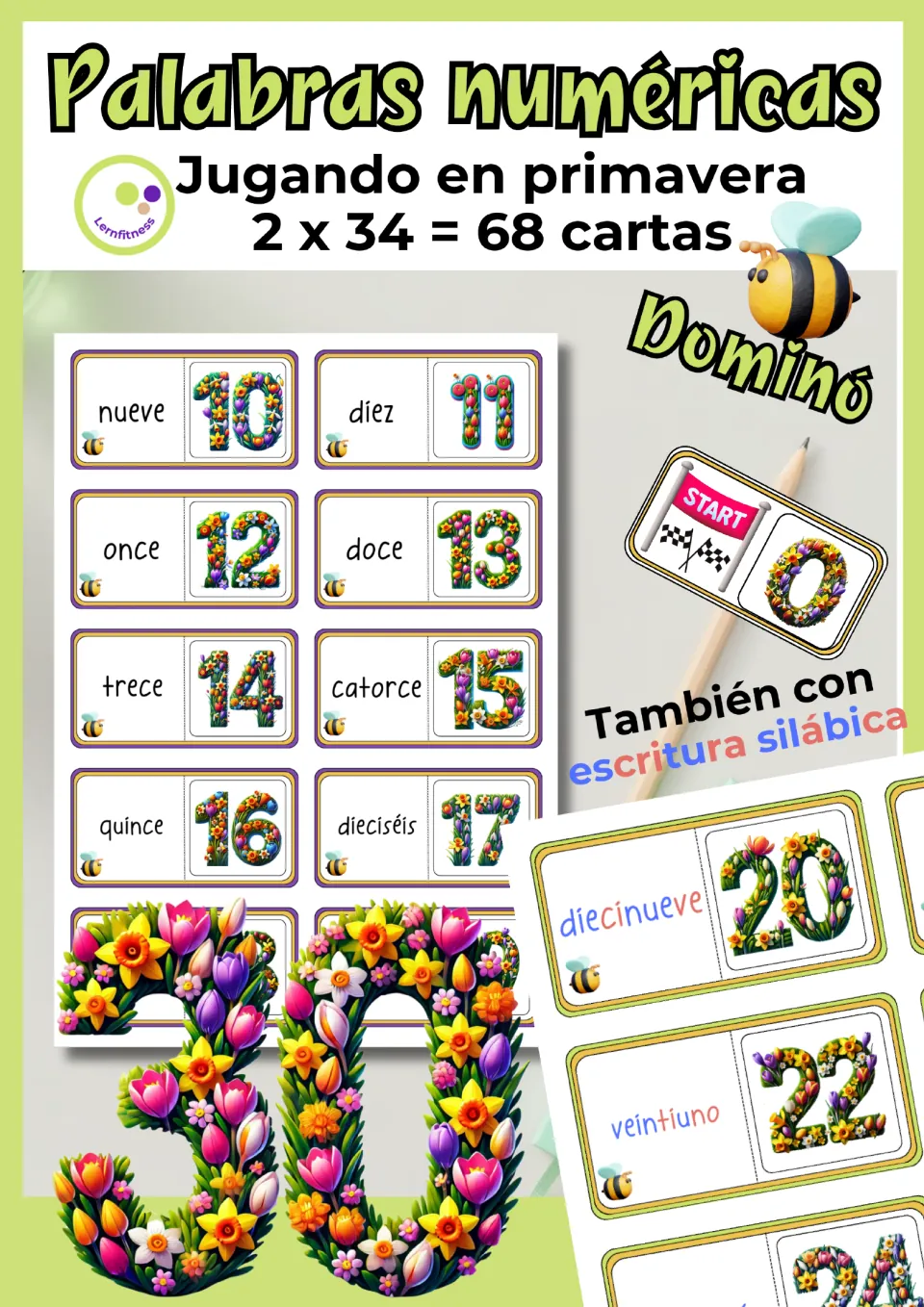 Spanish number domino game cover announcing 68 cards in two versions, including words with color-coded syllables