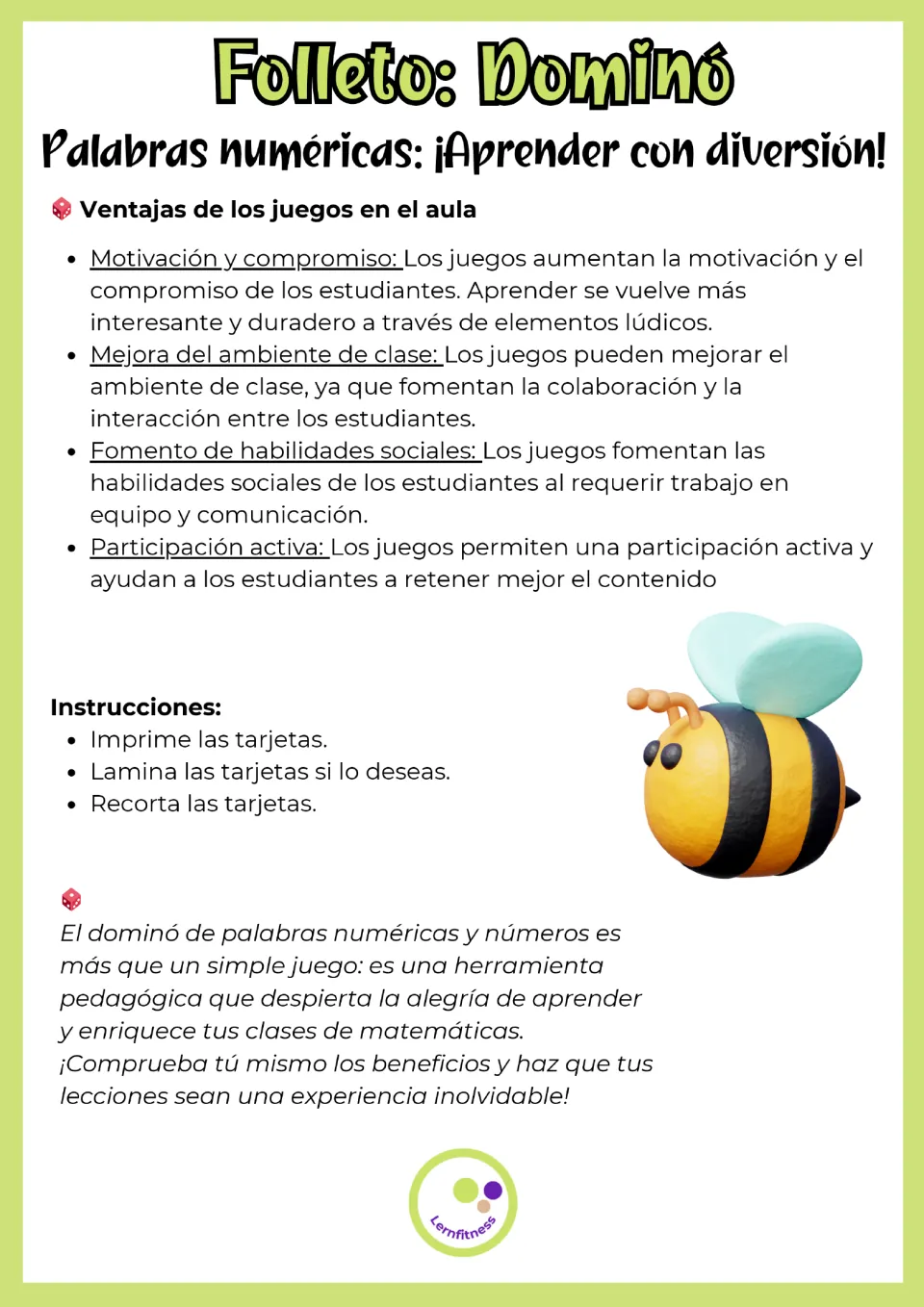 Domino preparation guide says to print, optionally laminate, and cut cards, alongside classroom game benefits