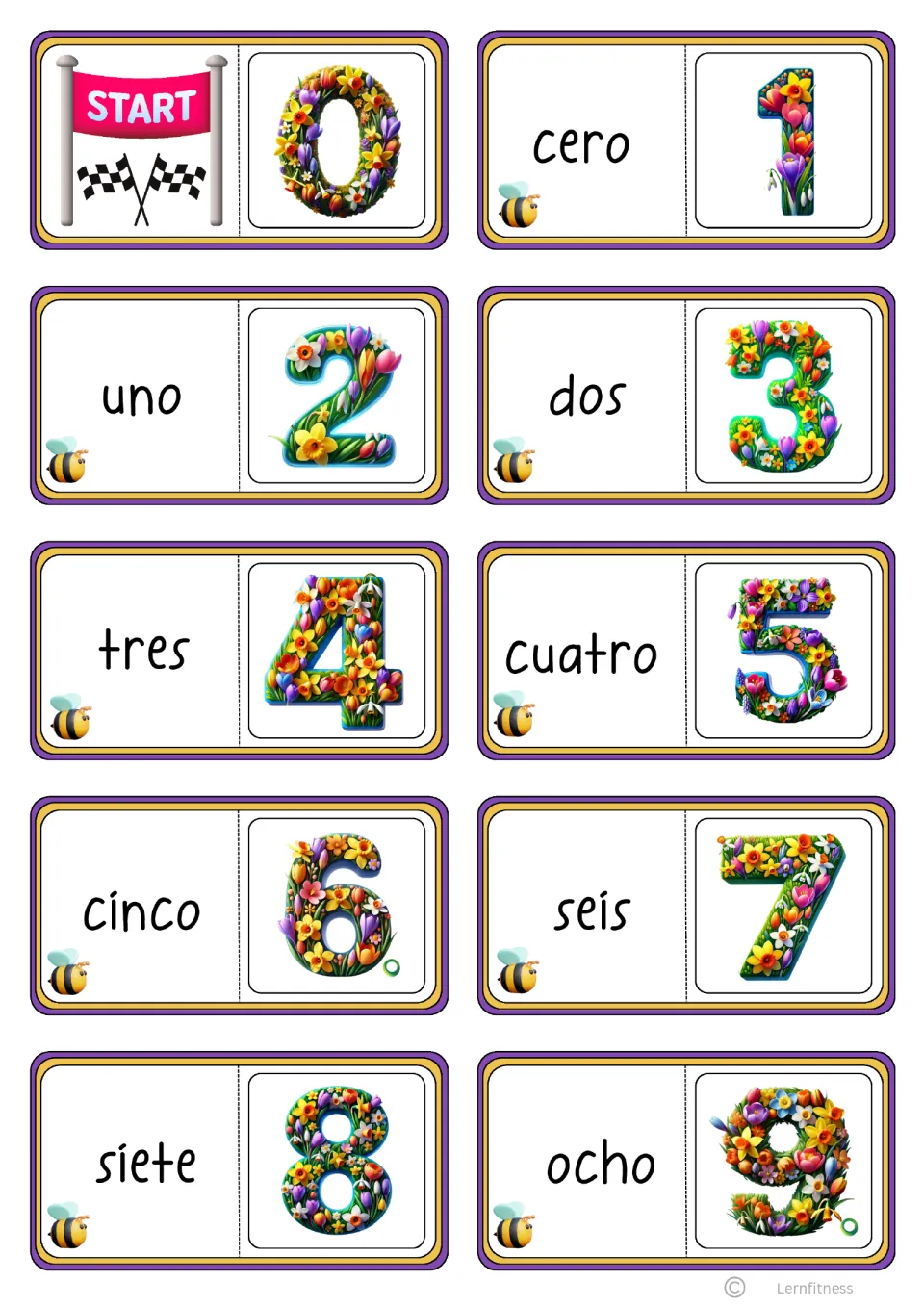 First 10 black-text domino cards: START with 0, then cero (zero) through ocho (eight) paired with numerals 1–9