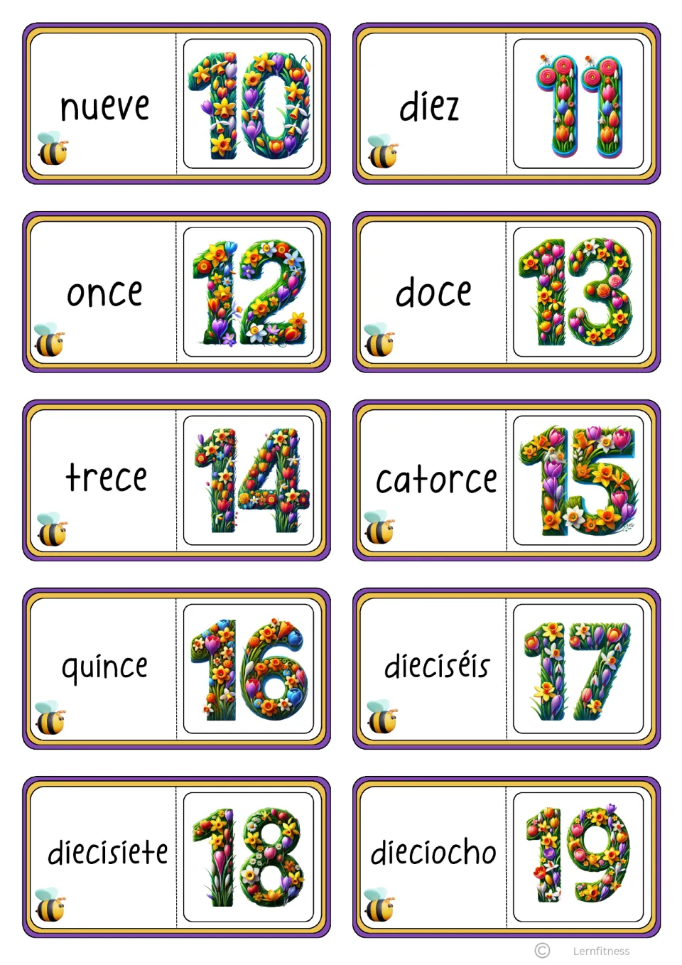 Ten black-text domino cards pair Spanish words nueve (nine) through dieciocho (eighteen) with numerals 10–19