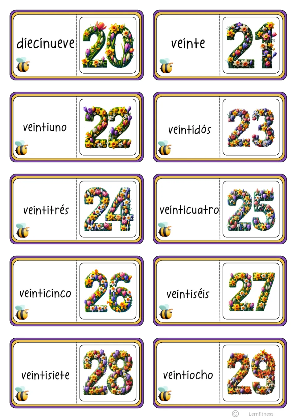 Ten black-text domino cards pair diecinueve (nineteen) through veintiocho (twenty-eight) with numerals 20–29