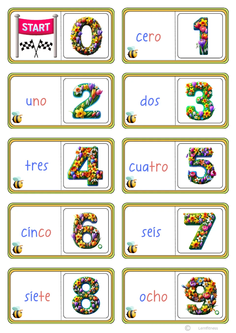 First 10 syllable-color domino cards: START with 0, then cero (zero) through ocho (eight) with numerals 1–9