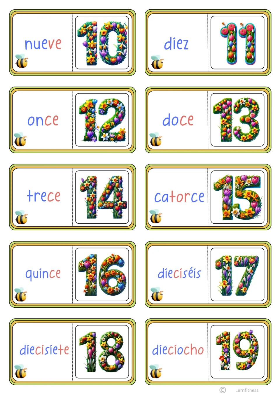 Ten syllable-color domino cards pair nueve (nine) through dieciocho (eighteen) with numerals 10–19