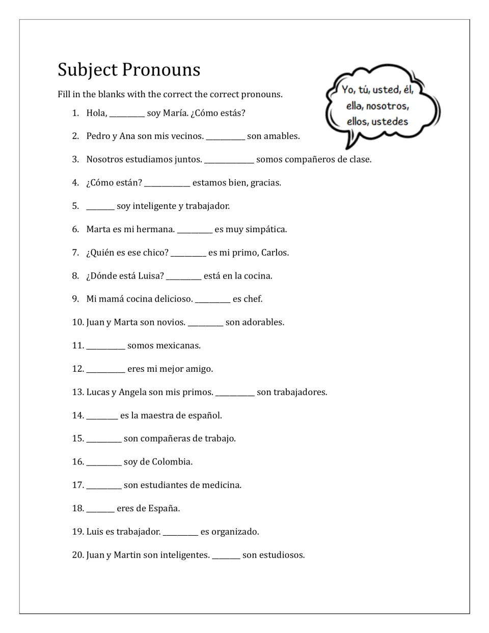 Fill in the blank: students write the correct subject pronoun in 20 Spanish sentences using a word bank of yo, tú, él, ella