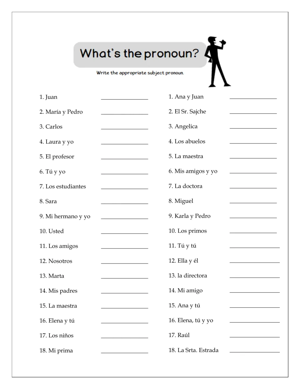 What's the pronoun? Students write the subject pronoun for 36 names and noun phrases, such as María y Pedro or Laura y yo