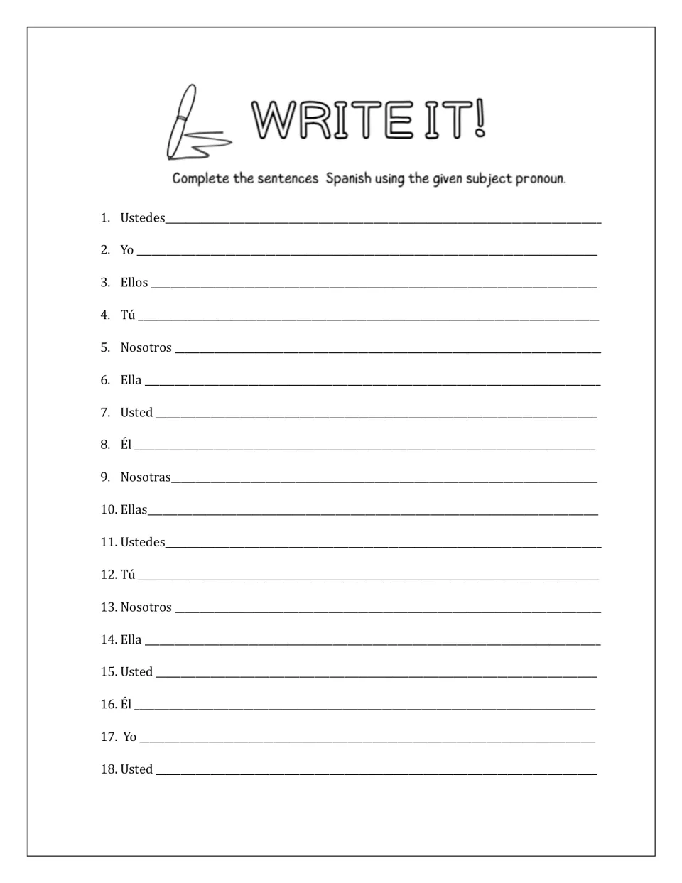 Write it! Students complete 18 Spanish sentences, each starting with a given pronoun such as Ustedes, Yo or Nosotras