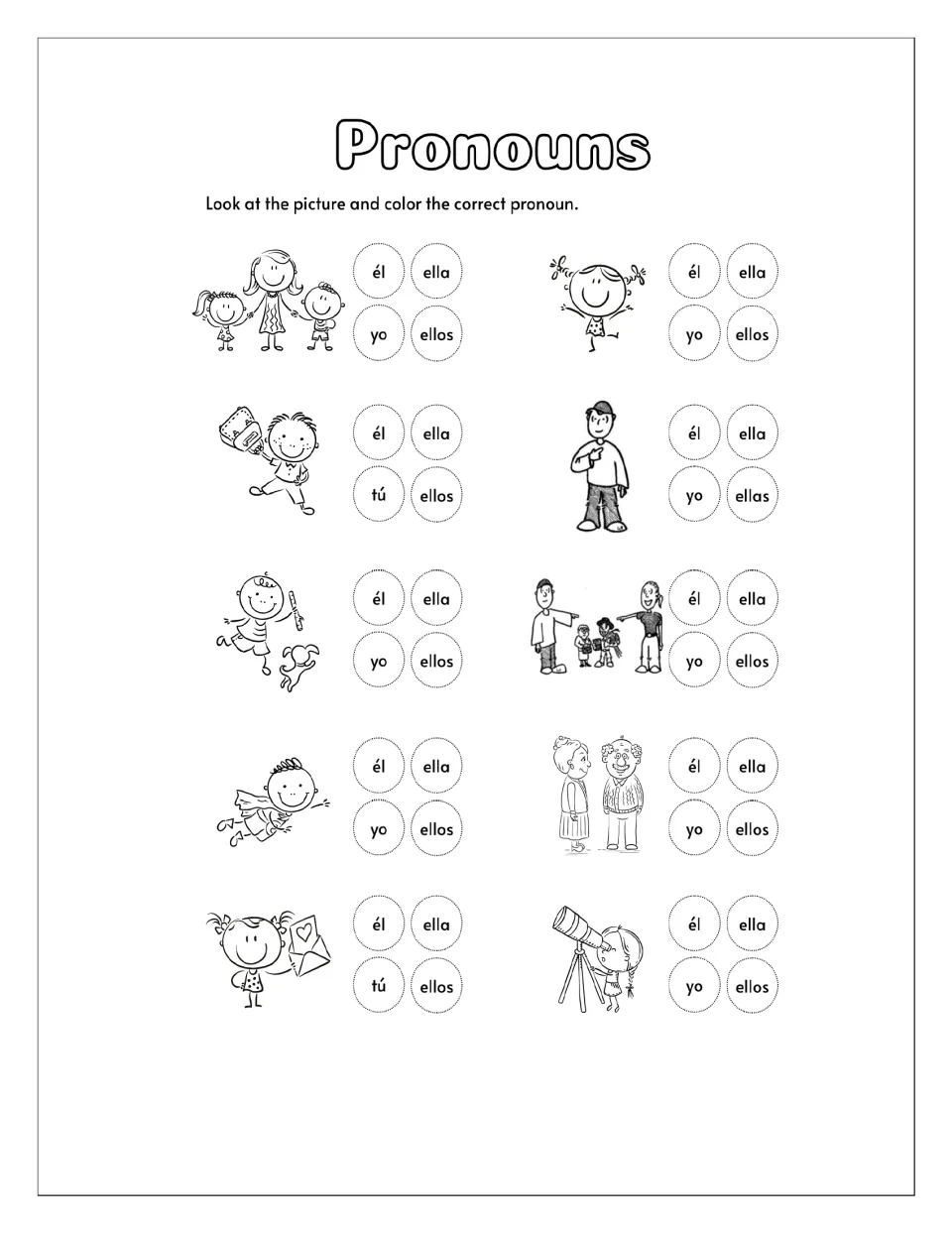Pronouns picture match: students look at 10 drawings of people and color the correct pronoun, él, ella, yo, tú or ellos