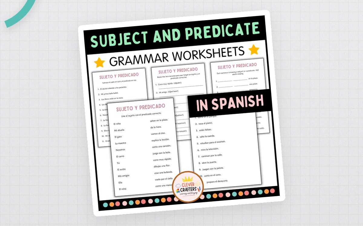 Subject and Predicate Grammar Worksheets cover showing Spanish Sujeto y Predicado identification and completion pages.