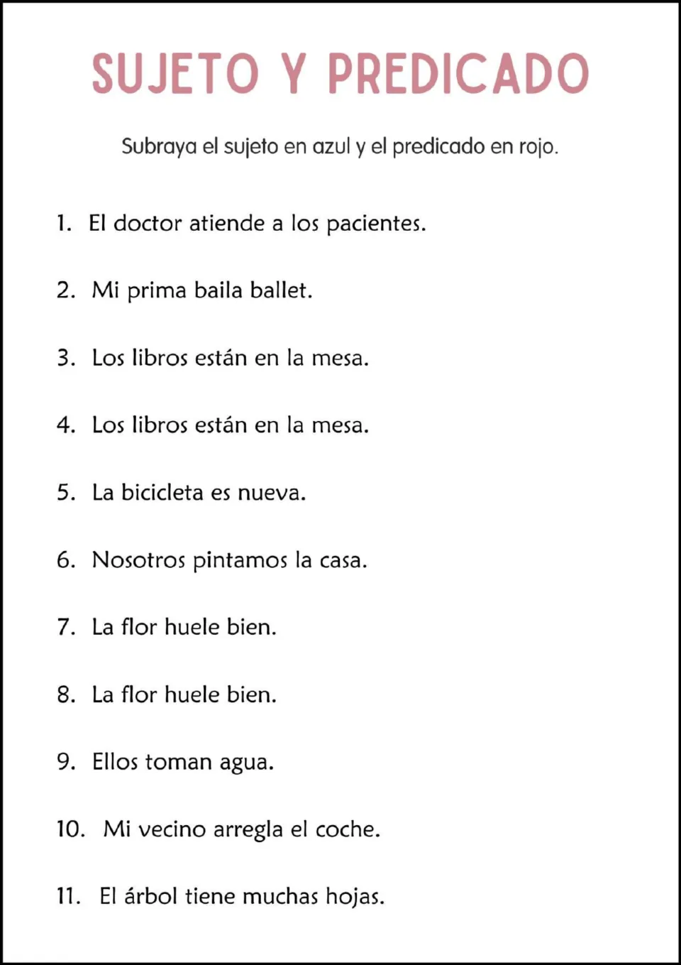 Subject and predicate color coding: students underline the subject in blue and the predicate in red in 11 Spanish sentences