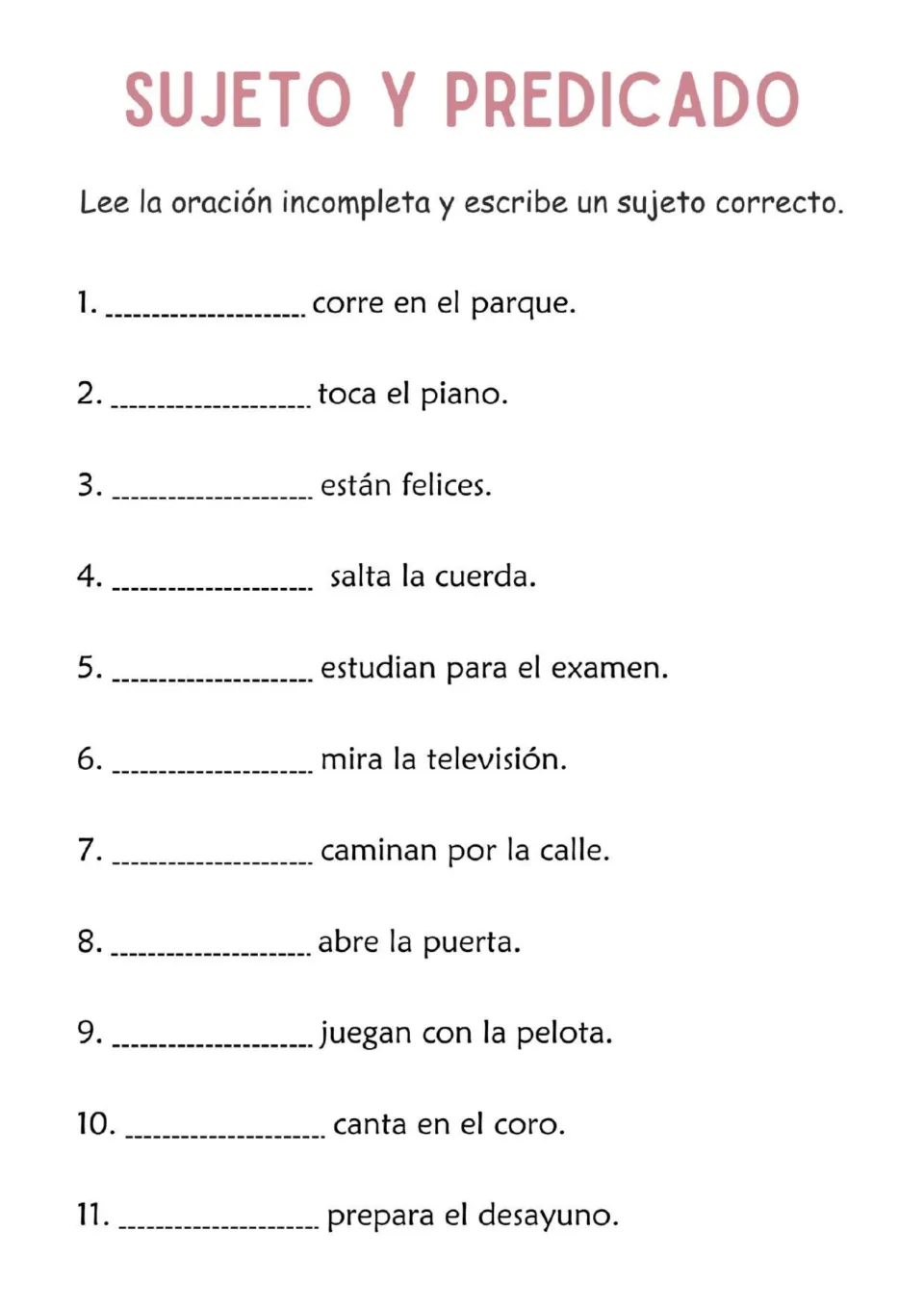 Missing subjects: students fill in a subject before 11 Spanish predicates, from corre en el parque to prepara el desayuno