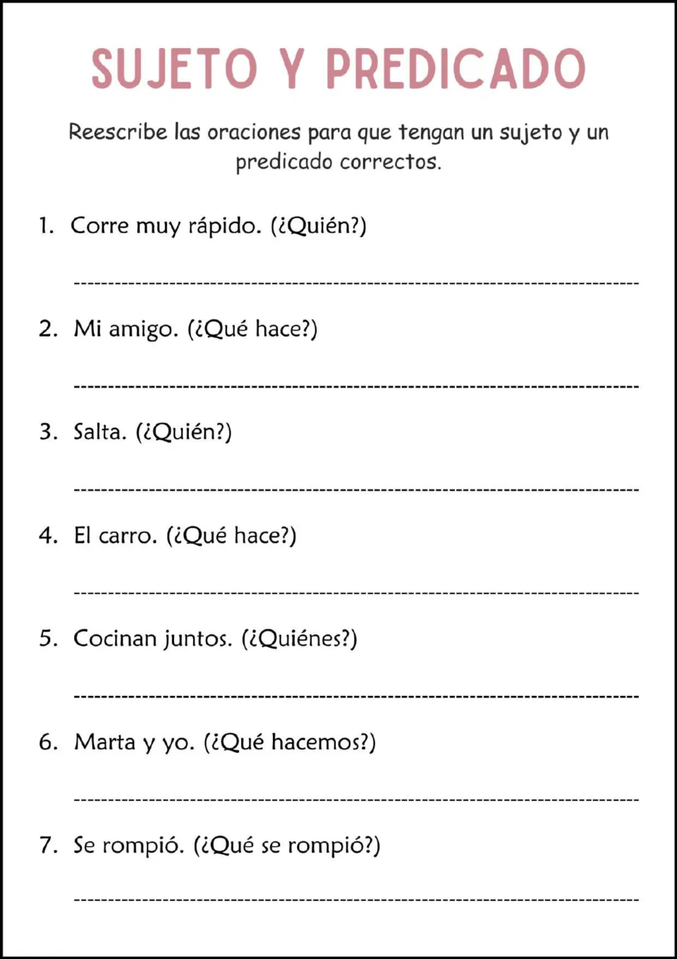 Rewriting fragments: students turn 7 Spanish fragments into full sentences using prompts like ¿Quién? and ¿Qué hace?
