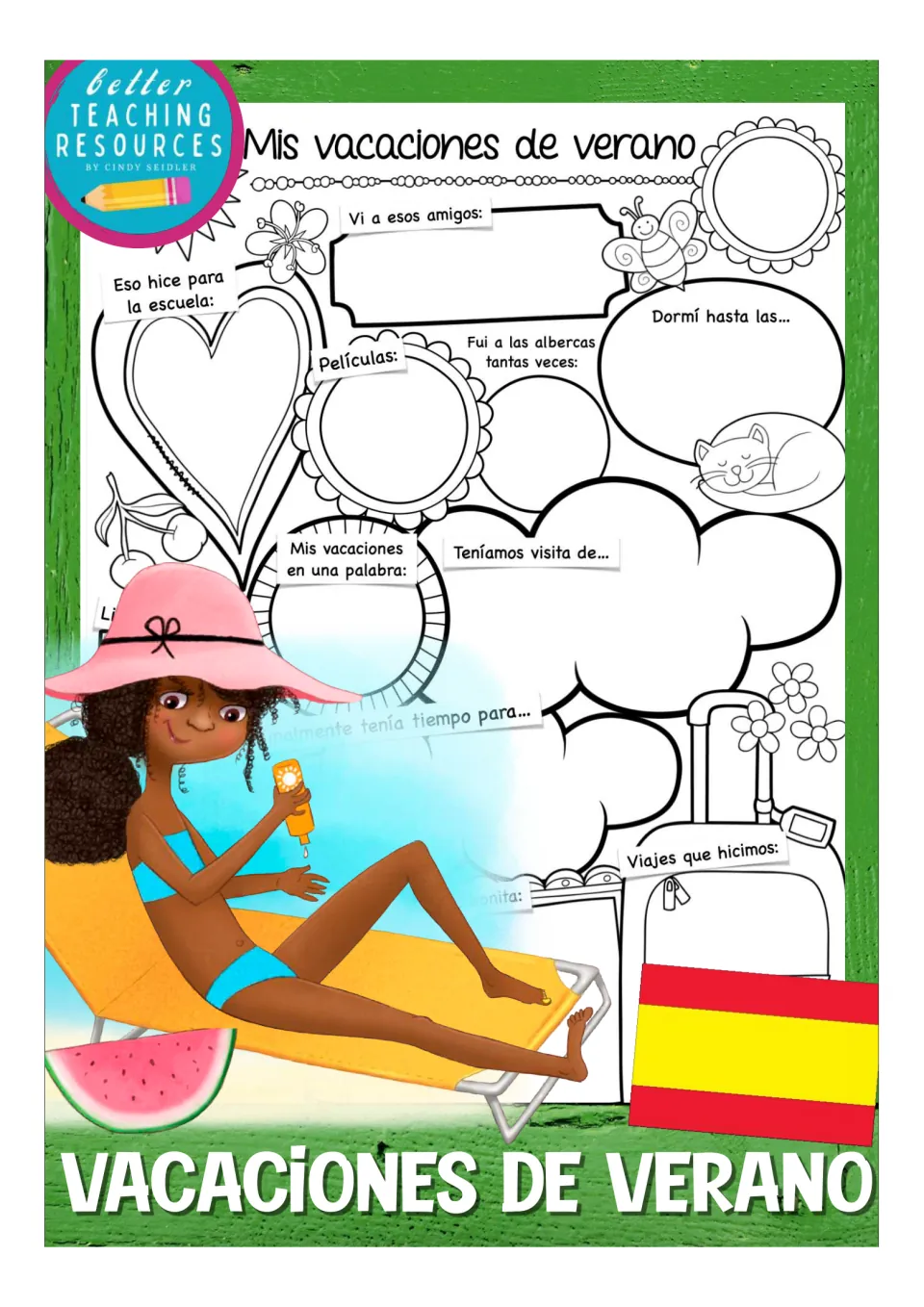 Cover of the Spanish summer vacation resource showing a sample of the prompted reflection worksheet