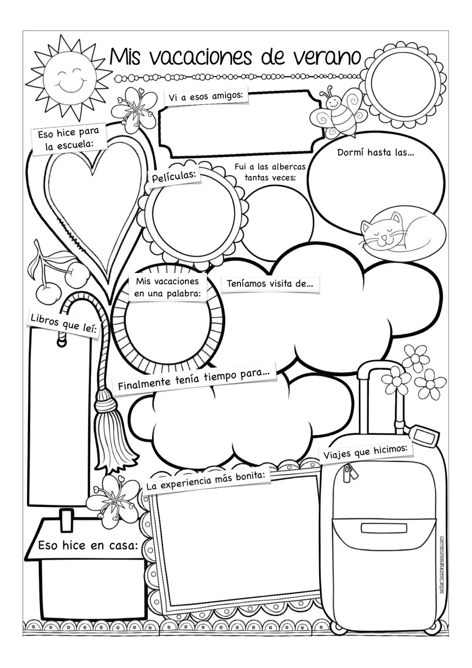 Spanish summer reflection worksheet with prompts about friends, movies, books, trips, and experiences at home