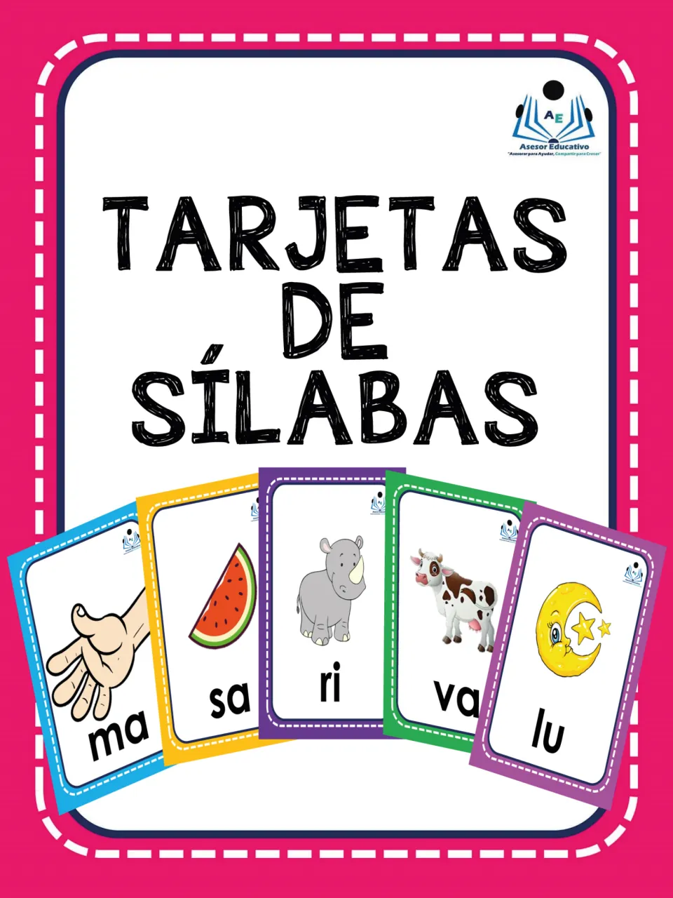 Spanish syllable flashcard cover titled “Tarjetas de sílabas” (syllable cards), showing five sample cards