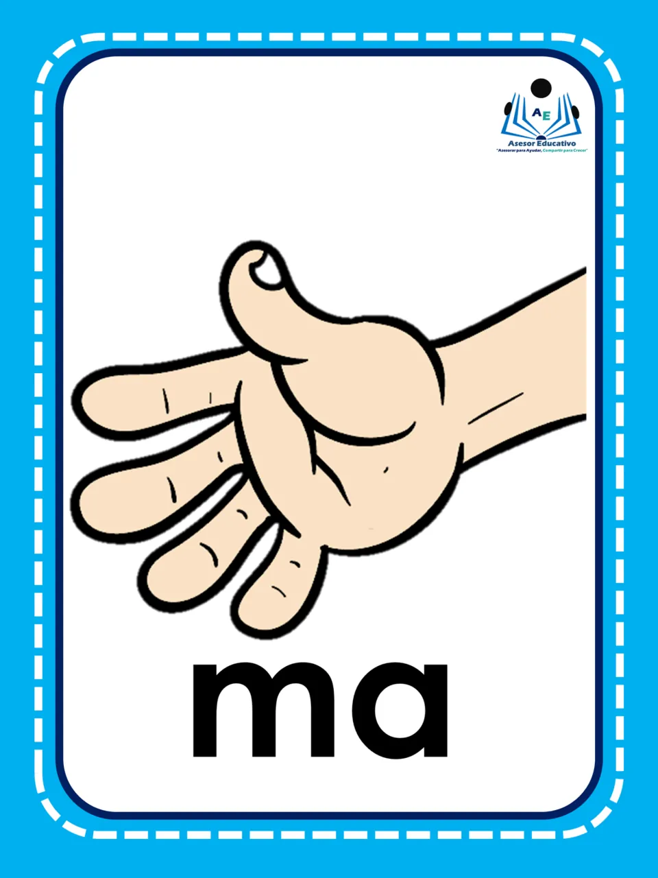 Spanish syllable flashcard 1: “ma” beneath a hand illustration, connecting the letters to mano (hand)