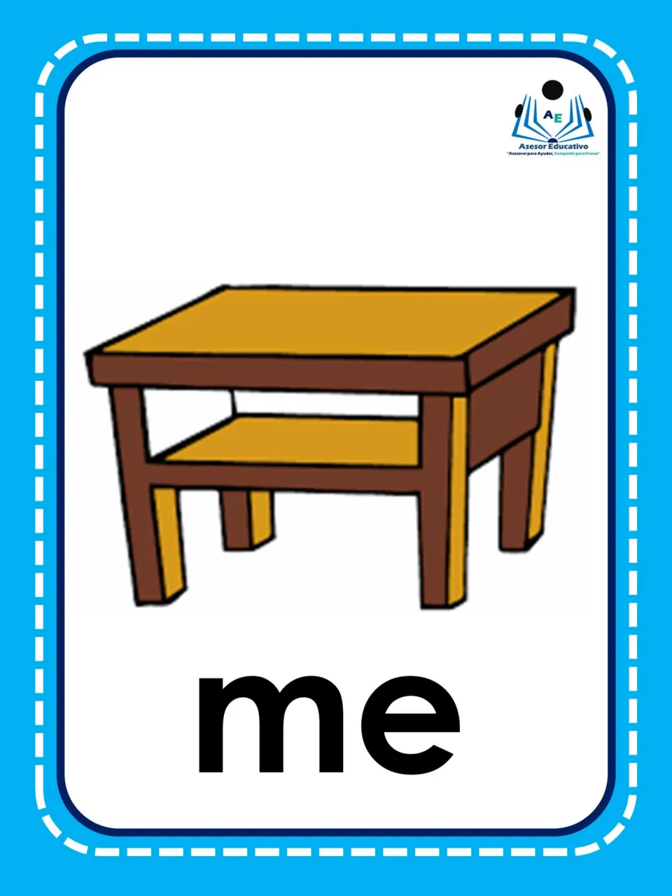 Spanish syllable flashcard 2: “me” beneath a table illustration, connecting the letters to mesa (table)