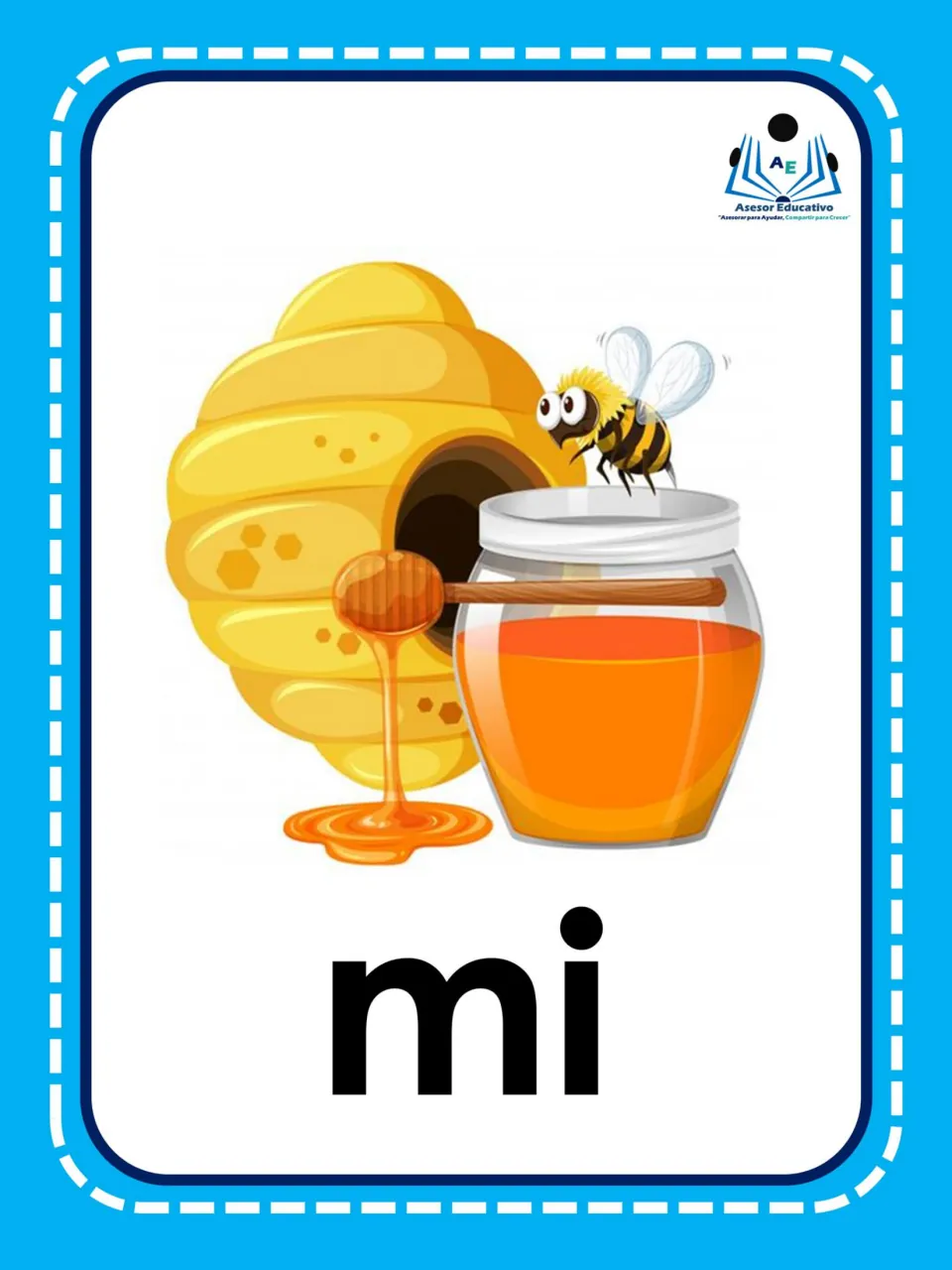 Spanish syllable flashcard 3: “mi” beneath honey, a hive, and a bee, linking the letters to miel (honey)