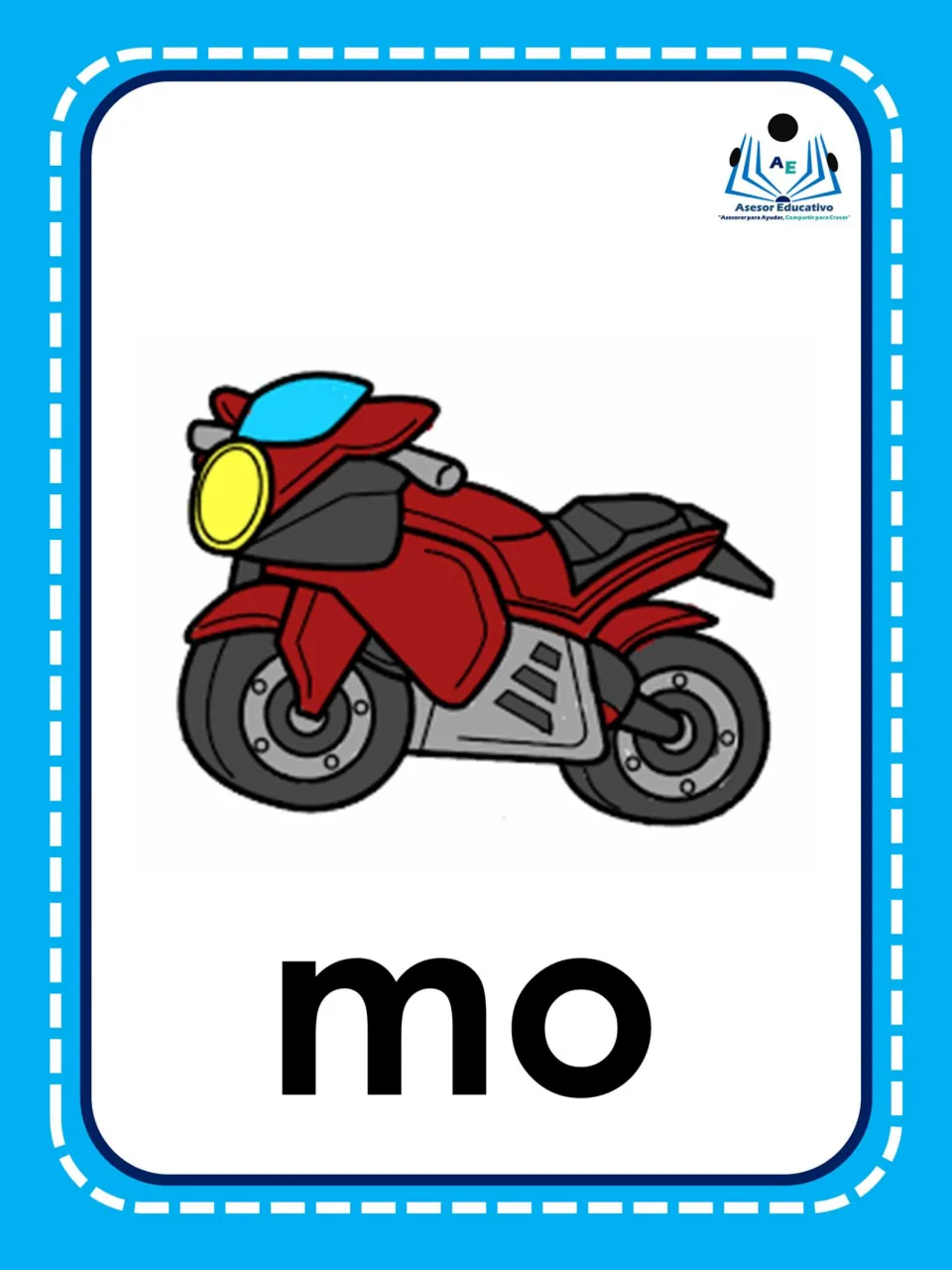 Spanish syllable flashcard 4: “mo” beneath a motorcycle, connecting the letters to moto (motorcycle)