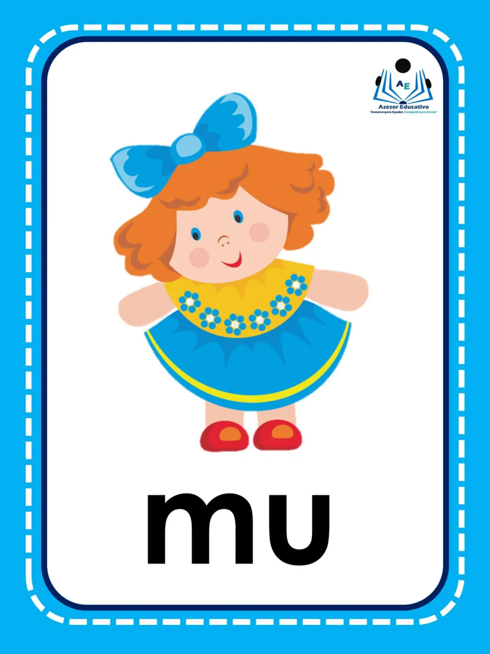 Spanish syllable flashcard 5: “mu” beneath a doll illustration, connecting the letters to muñeca (doll)