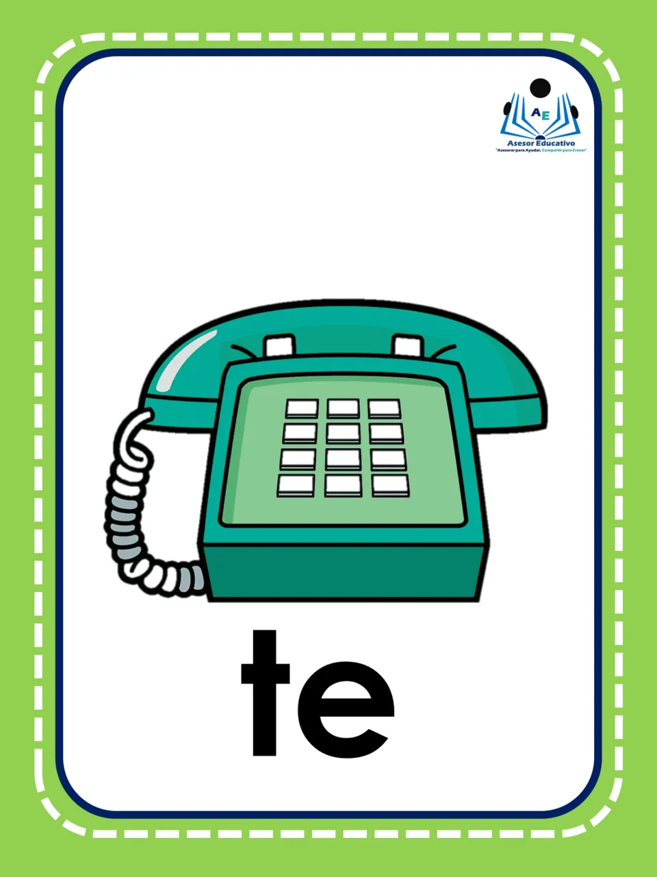 Spanish syllable flashcard 7: “te” beneath a telephone, connecting the letters to teléfono (telephone)