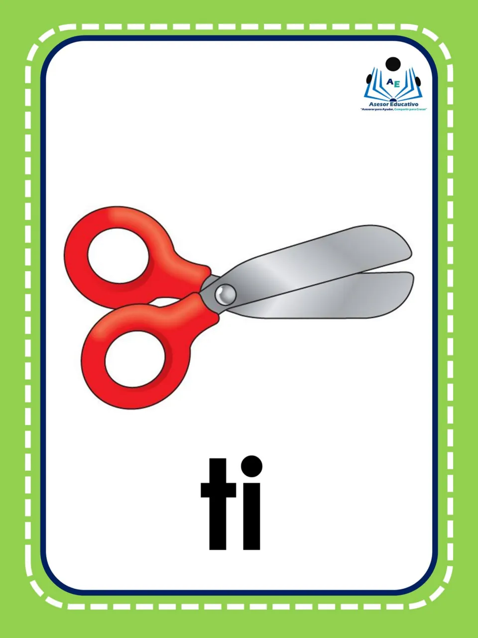Spanish syllable flashcard 8: “ti” beneath a pair of scissors, linking the letters to tijeras (scissors)
