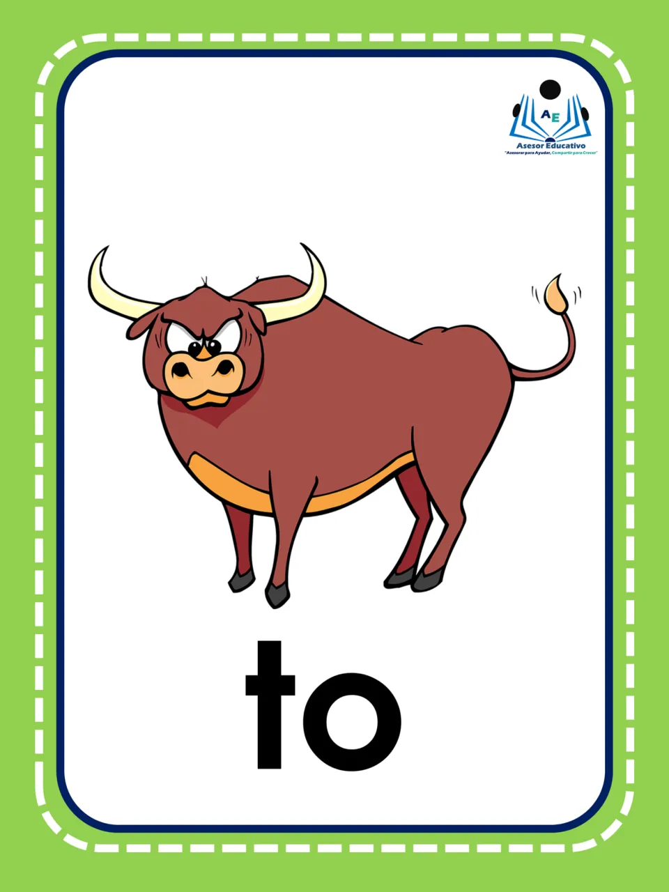 Spanish syllable flashcard 9: “to” beneath a bull illustration, connecting the letters to toro (bull)