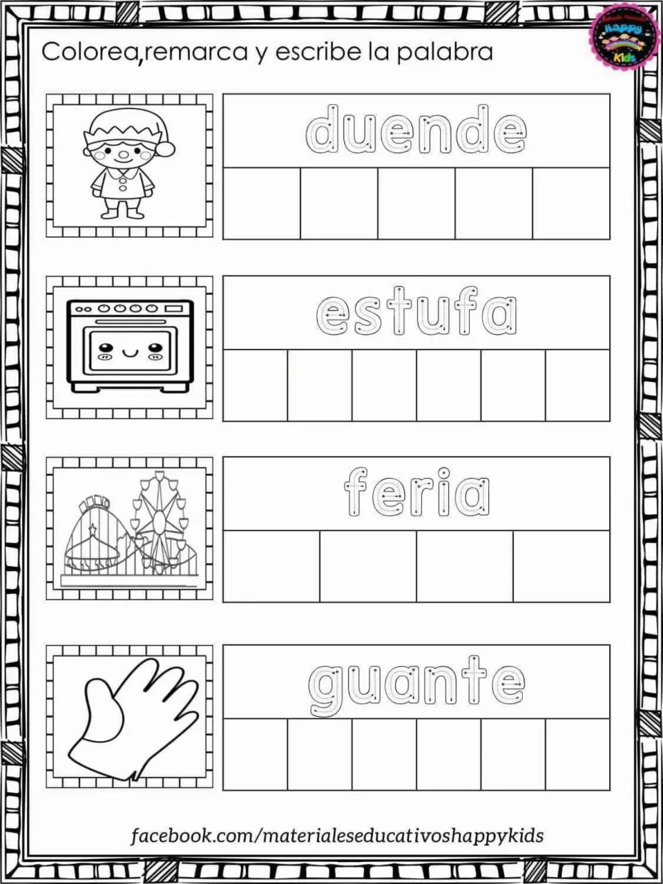Spanish words duende, estufa, feria, guante: students colour the elf, stove, fair and glove, then trace and write each word