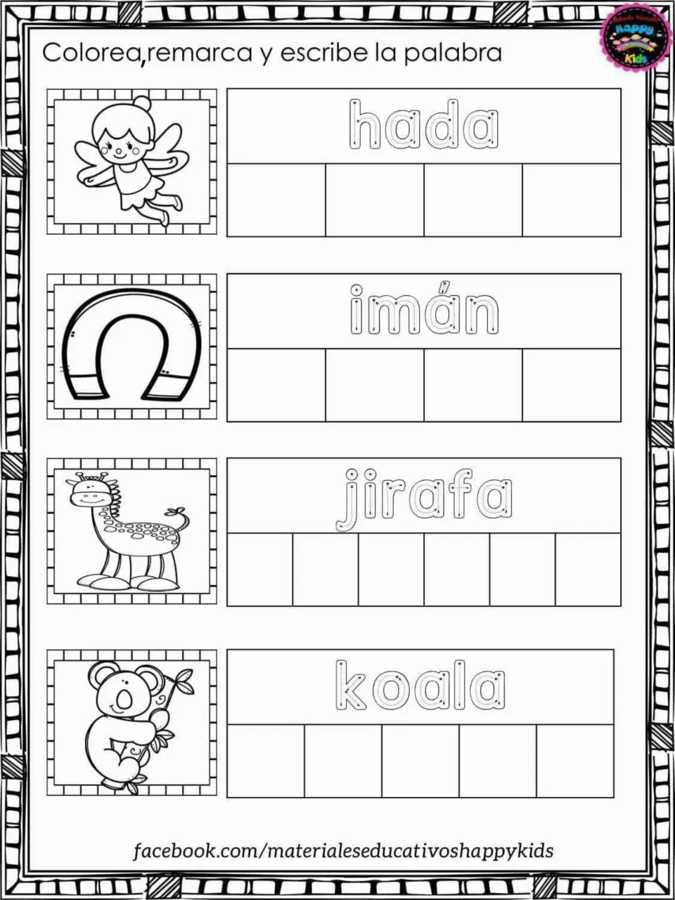 Spanish words hada, imán, jirafa, koala: students colour each picture, trace the word and copy it one letter per box