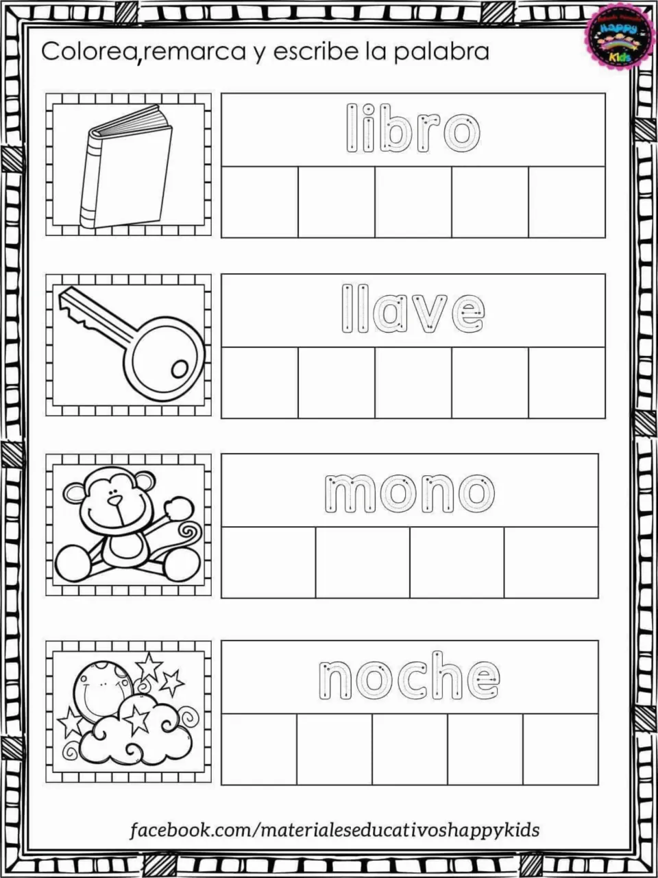 Spanish words libro, llave, mono, noche: students colour the book, key, monkey and night sky, then trace and write each word