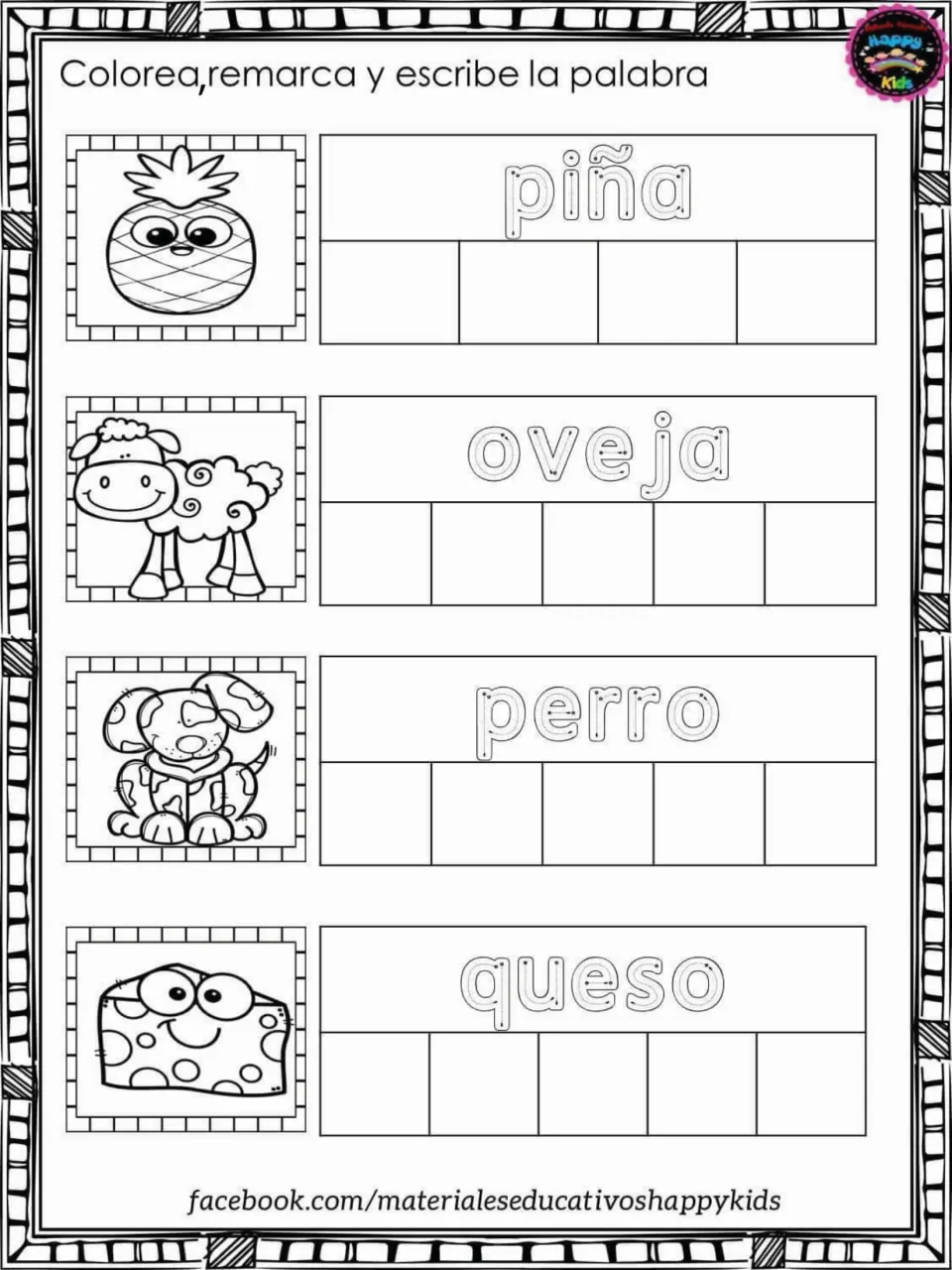 Spanish words piña, oveja, perro, queso: students colour the pineapple, sheep, dog and cheese, then trace and spell each word