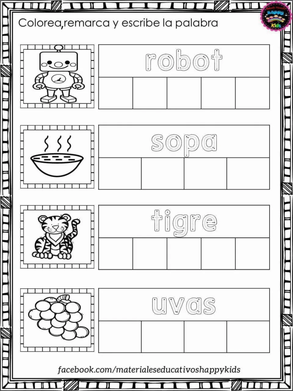 Spanish words robot, sopa, tigre, uvas: students colour each picture, trace the dotted word and write its letters in the boxes