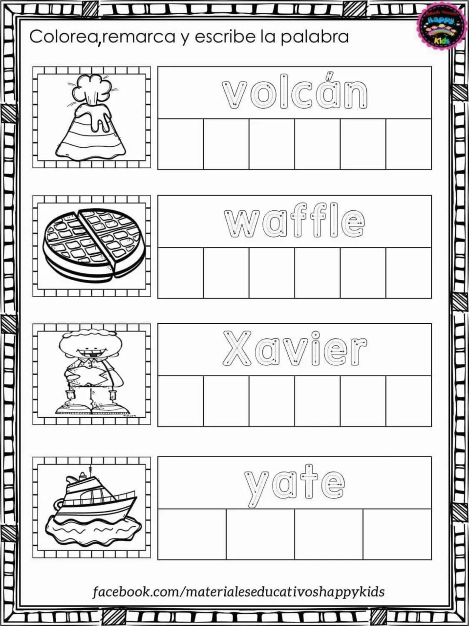 Spanish words volcán, waffle, Xavier, yate: students colour each picture, trace the word and write it one letter per box
