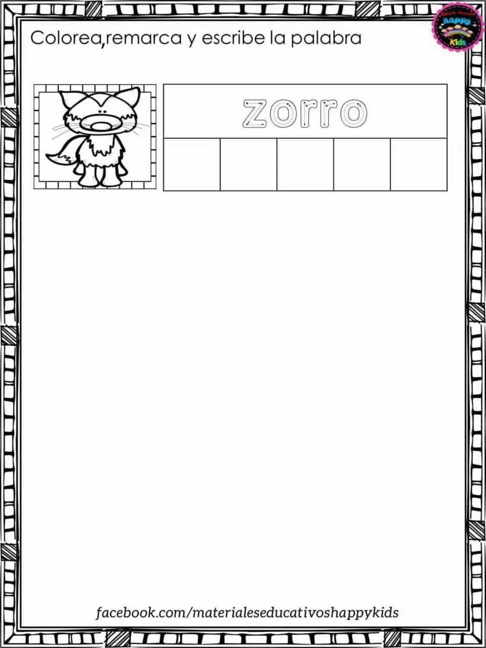 Spanish word zorro with a fox picture: students colour the fox, trace the dotted word and write its five letters in the boxes